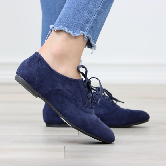 Navy Faux Suede Lace up Oxford Style Shoes Flats - Picture 4 of 12